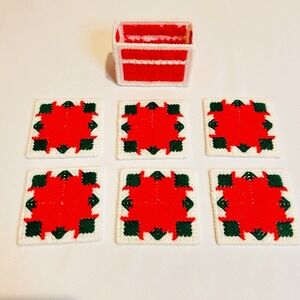 Vintage Set of 6 Handmade Plastic Canvas Needlepoint Christmas Coasters w/Basket